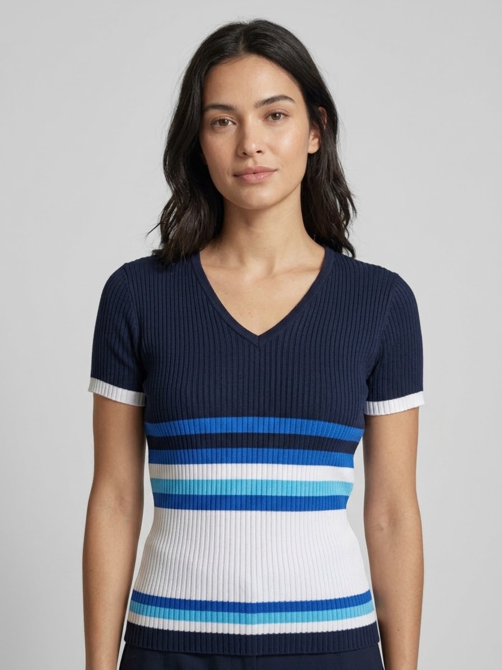 V-Neck Short Sleeve Knit Top Ribbed vintage y2k striped made in the USA 2002